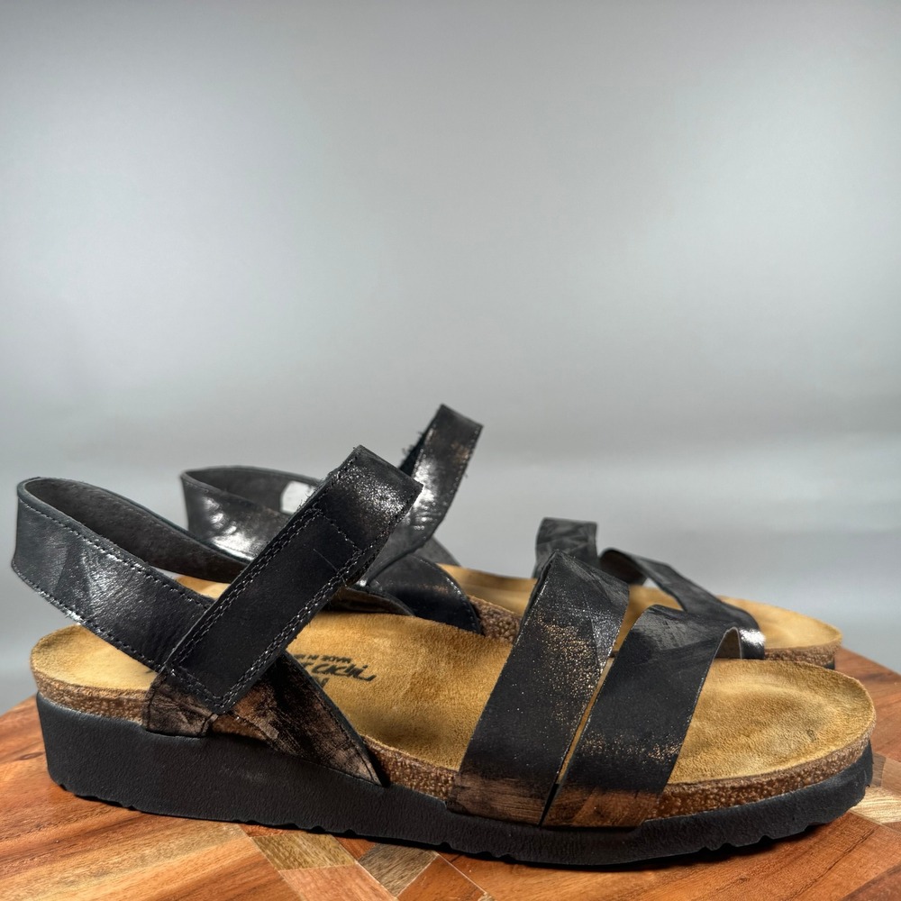 Naot Dorith Black Luster Leather Strappy Wedge Sandals Womens 41 US 10 Israel